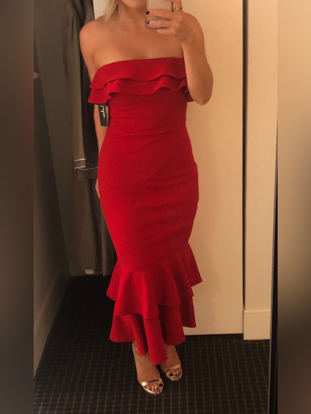 Lulu’s Red Off-Shoulder Ruffle Hem Dress - Picture 4 of 5